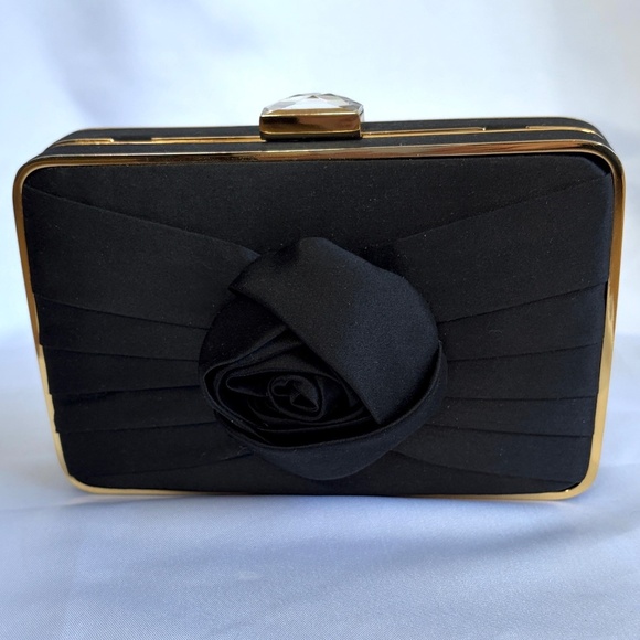 Franchi Black Satin Evening Clutch Gold Frame with Chain Strap 4x6 - Picture 1 of 7